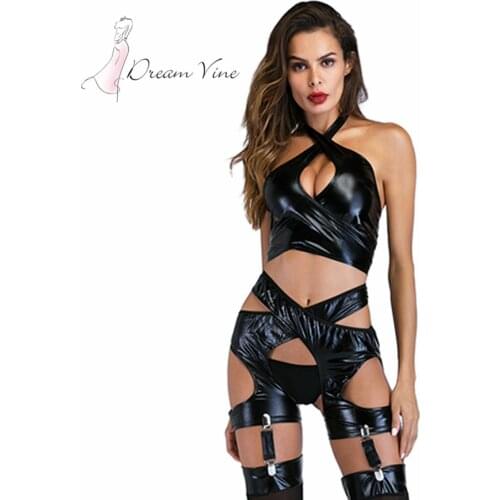 Sexy Black Leather Bondage Fetish Lingerie Set Wetlook Latex Vinyl Lingerie Halter Leather Bra Cut Out Open Crotch Underwear