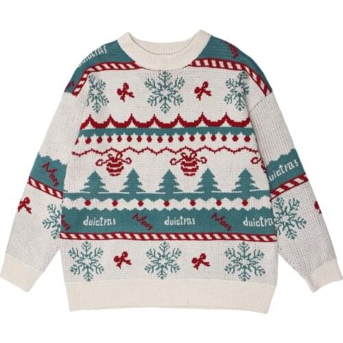 Harajuku Sweater Pullover Men Christmas Snowflakes Print Knitted Sweaters Hip Hop Oversized Retro Sweatwear Sweater 2020 Winter