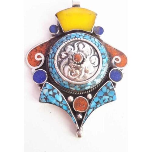 TBP460 Indian Vintage Jewelry Copper Inlaid Colorful Stone Pendants Big