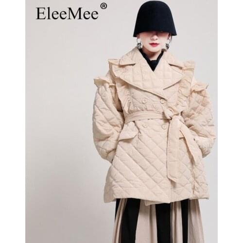 EleeMee Vintage Long Parkas Winter Warm Fungus Designed Sashes Female Coat Double Breasted Turndown Collar Outerwear Free Size