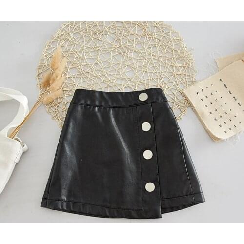 Faux Leather Skirt for Kid Girls Autumn Casual PU Leather Skirts Baby Girl Solid Mini Button A-Line Skirt Bottom for 90-140