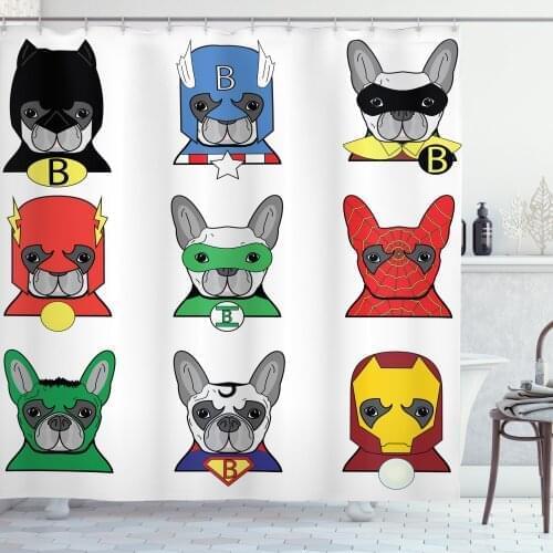 Superhero Shower Curtain Set Funny Dogs in Costumes Cartoon Art Curtain for Bathroom Decor 12 Hooks Decorative Bath Accessory