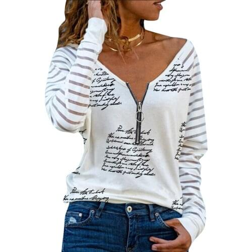 New Cold Shoulder Long Sleeve Casual Blouse 2021 Spring Letter Heart Printed Shirt Autumn Zip V-neck Stripe Patchwork Women Tops