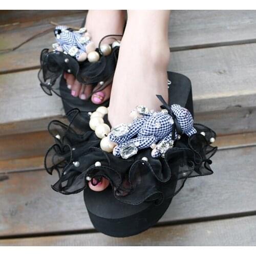 Womens Slippers Fashion bear Diamonds DIY personalized Flip Flops Beach Platform Sandals Wedges Shoes size 33-40 LOW heel 3cm