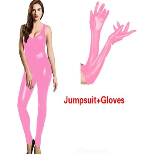 Womens Costume Set Cosplay Wet Look Bodysuit Zipper Front Catsuit Shiny Metallic Sleeveless Patent Leather Jumpsuit with Gloves