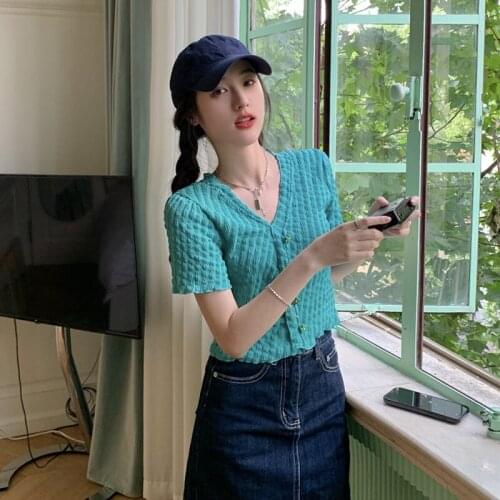 Summer Womens Fungus Style Foldable Cardigan V-neck Short-sleeved T-shirt, New Korean Style Slim and Slim Crop Top