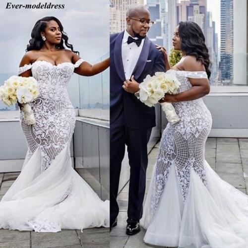 Off Shoulder Mermaid Lace Wedding Dresses Plus Size 2021 Appliques Lace Up Sweep Train African Bridal Gowns Robe De Mariee