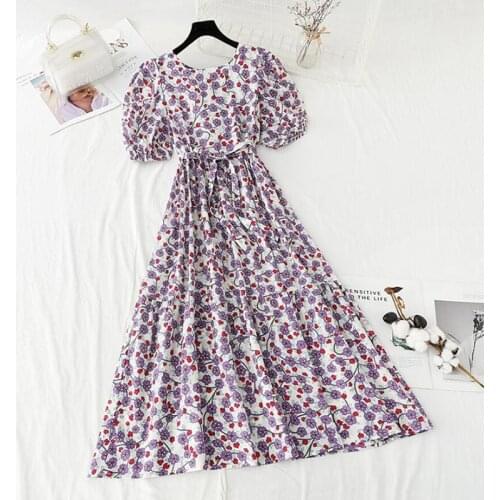 2021 Floral Print Midi Dress Summer Vintage Casual Cotton Linen Vestidos Women Short Sleeve Sundress Ruffle Elegant Dress