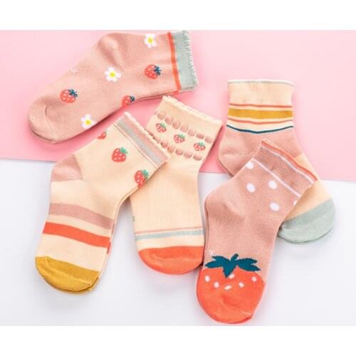 5 Pairs/Lot Cotton Girls Socks Kids Sock Cute Strawberry Pattern For Children Baby
