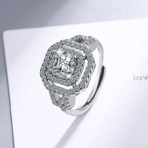 Shiny Square Zircon Ring Silver Plated Opening Adjustable Ring Wedding Ring Engagement Ring Fashion Jewelry Cocktail Accessories