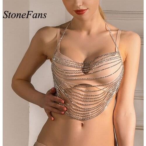 Stonefans Shiny Rhinestone Bra Chest Chain Jewellry Body Harness Necklace Women Crystal Top Bikini Tassel Body Chain Rave Outfit