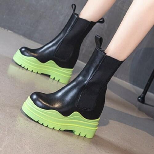 Spring Autumn New British Style Retro Height Increasing Platform Genuine Leather Women Half Mid-Calf Chelsea Boots 0727