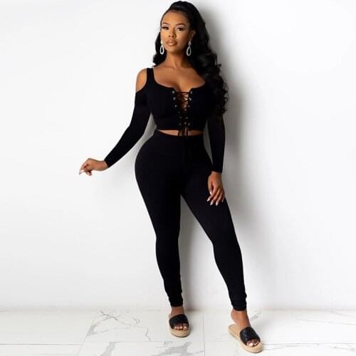 Spring Elegant Skinny Two Piece Set Women Lace Up Cold Shoulder Crop Top Pencil Pants Set Club 2 Piece Outfits for Women Party