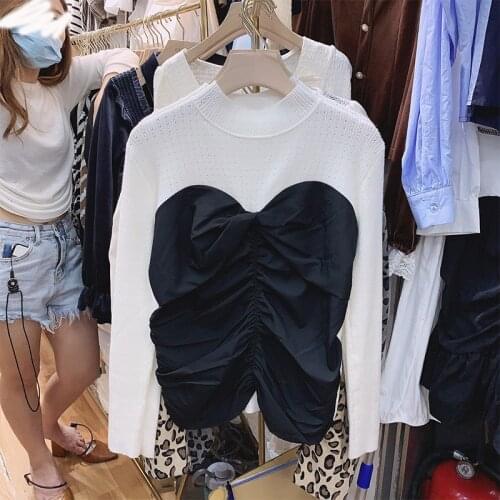 Long sleeve T-shirt with thin pullover in 2020 new fashion Korean version fake two piece stitched pleated top