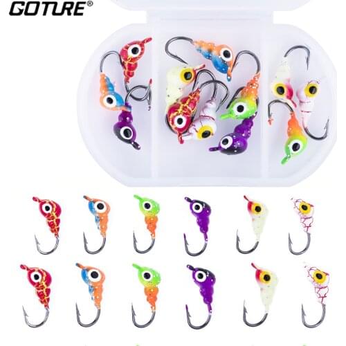 Goture 12Pcs/box Ice Fishing Jig Kit 0.9g 1.4g Small Ant Shape Winter Fishing Lure Set For Pike Perch Fishing
