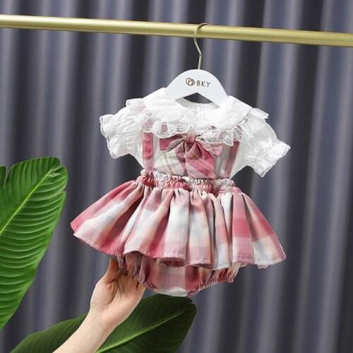 Baby Spring Girls Clothes Set Children Lace Puff Sleeve Shirt Puffy Suspender Dress Birthday Christmas Cotton Outfits Toddler