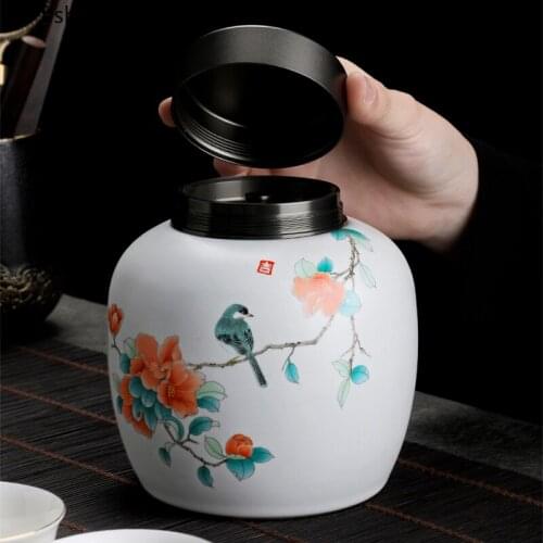 Rhododendron Bird Ceramic Tea Caddy Metal/wood Cover Sealed Jar Storage Tank Tea Container Food Storage Box Decoration Candy Jar