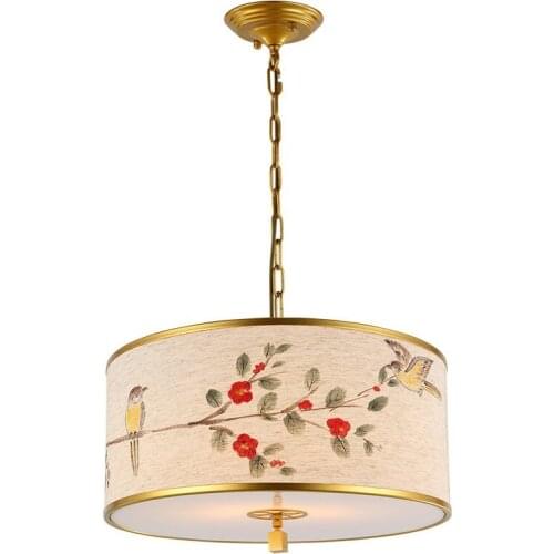 Chinese Style Fabric Dining Room Pendant Light Birds Printing Restaurant Pendant Lamp Bar Counter Hanging Lighting Fixtures