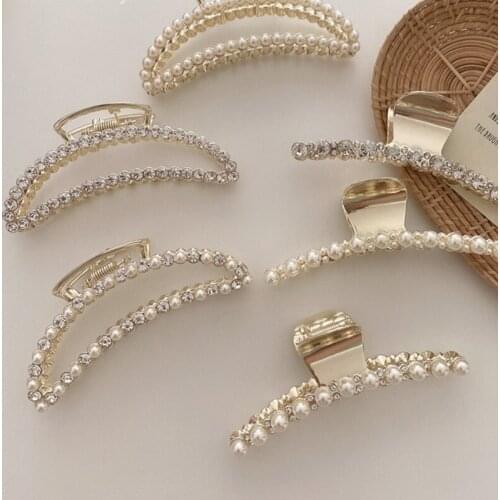 Korean Shiny Metal Hair Claw Clip Luxury Imitation Pearl Rhinestone Beaded Jaw Clamp Geometric Large Ponytail Barrettes