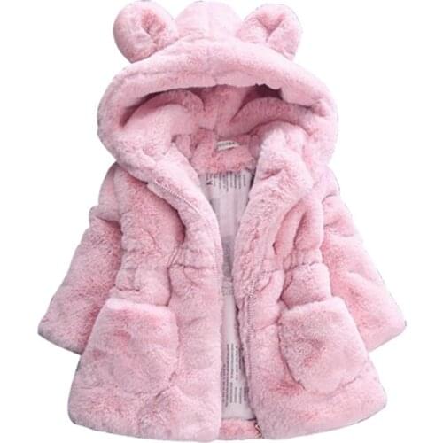 Baby Girls Jackets Winter Kids Faux Fur Pink Cute Ear Hooded Coats Childrens Outerwear Warm Thick Clothes for Girls 4 6 7 Year