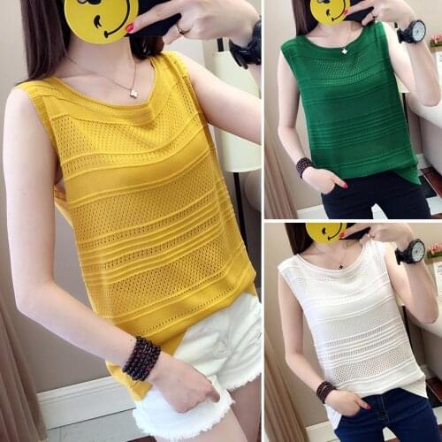 Summer Sleeveless Vest Sweater Women Versatile Hollow Out Bottoming Tank Tops Yellow Black White Green Knitted Clothes Tshirt