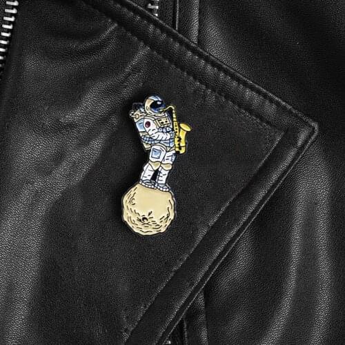 Cartoon Fun Space Astronaut Saxophone Planet Enamel Brooch Pin Alloy Badge Jewelry Clothes Bags Punk Accessories Gifts For Kid