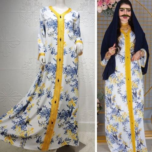 Muslim Women Floral Printed Long Dress Arabic Abaya Islamic Clothing Ramadan Maxi Robe Gown Moroccan Dubai Kaftan Ethnic Fashion