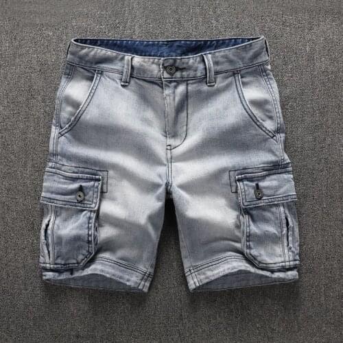 Mens Casual Denim Shorts Wash Distressed Straight Cargo Shorts Fashion Streetwear Summer Loose Knee Length Pockets Jean Trousers