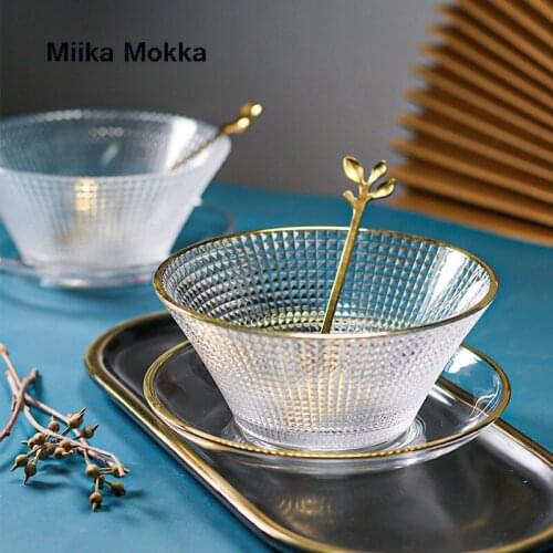 Glass Bowls and Plate Set Japanese Style Glod Rim Clear Glass Food Salad Oats Fruit Dessert Snack Dish Water Milk Tea Cup