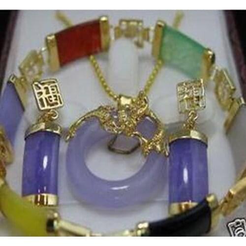 New Womens Real jade pendant necklace earring bracelet set
