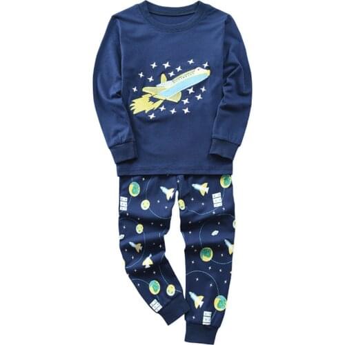 Casual Children Sleepwear Boys Girls Plane Printing Cotton O-Nevk Splicing Long Sleeve Nightwear Suit Home Clothing Pajamas