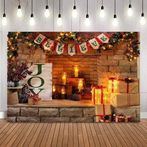 Christmas Fireplace Joy Photo Backdrop Pine Candles Christmas Eve Gifts Background for Photo Studio Brick Fireplace Pine Nuts