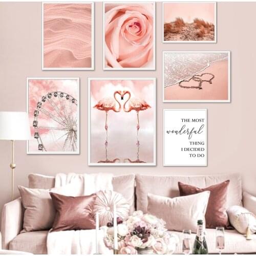 Pink Flower Flamingo Beach Hay Dune Quote Wall Art Canvas Painting Nordic Posters And Prints Wall Pictures For Living Room Decor