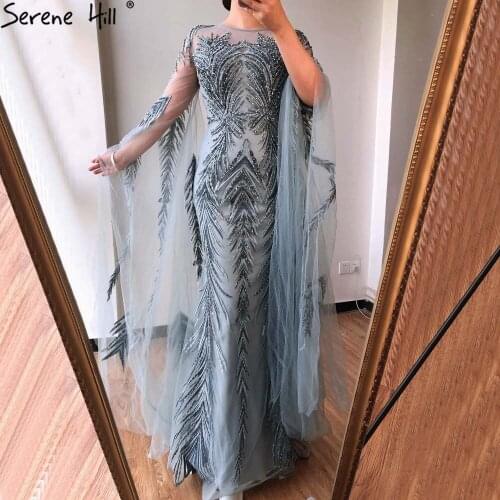 Serene Hil Grey Mermaid Luxury Evening Dress 2021 Long Sleeves Beading Elegant Women Formal Party Wear Gown LA70576