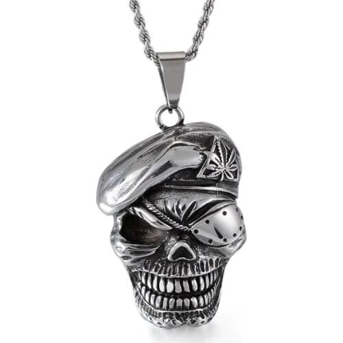 Titanium Steel Mens Personality Caribbean Pirate One-eyed Skull Pendant