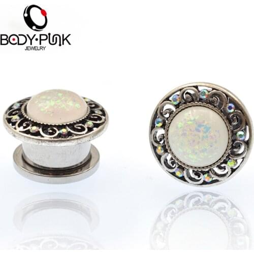 BODY PUNK Stainless Steel White Opal Carving Screw Fit Tunnels Ear Plugs Body Piercing Jewelry 6mm-20mm Ear Expanders