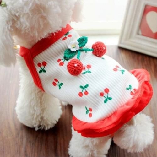 Pet Apparel Cherry Decoration Sweat Absorption Breathable Pet Dog Strap Dress for Summer