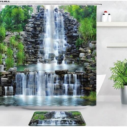 Forest Waterfall Shower Curtains Flannel Bath Mats Set Green Plants Natural Scenery Bathroom Carpet Door Pad Non-slip Rugs Decor