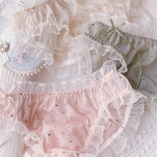 Womens Panties Transparent Lace Lolita Panty Lovely Cute Kawaii Lingerie Floral Chiffon Mesh Ruffle Panties Underwear Brief New