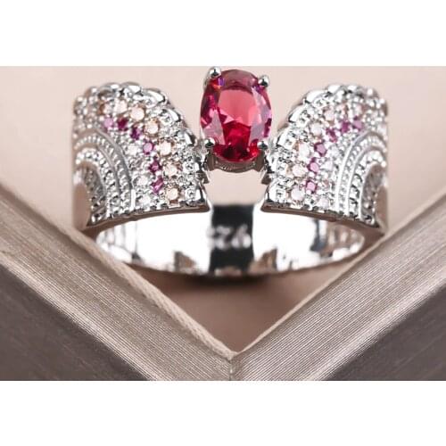 Exquisite Silver Plated Red CZ Stone Ring Micro Paved White Rhinestones Crown Rings For Women Wedding Party Jewelry Gift H3M670