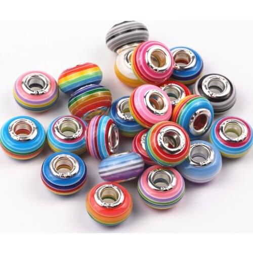 100pcs Mix rainbow colors 14mm Acrylic Silver Color Cord Big Hole Loose Beads Fit European Jewelry Bracelet Charms DIY