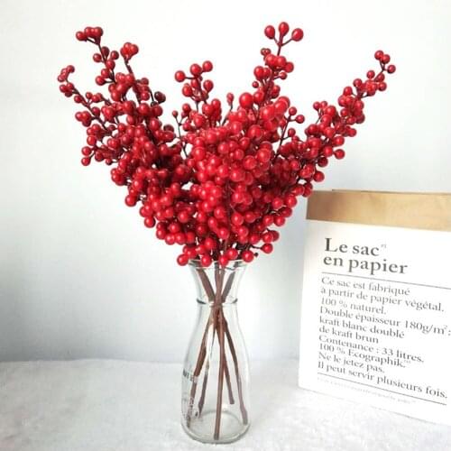 6pcs Artificial Flowers Simulation Red Berry Stems Branch Wedding Party Home Decoration Christmas Tree Festive Ornament