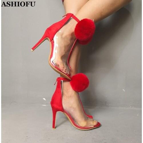 ASHIOFU Handmade Women High Heel Pumps PVC-leather Fur-ball Peep-toe Party Prom Shoes Large Size Evening Fashion Court Shoes