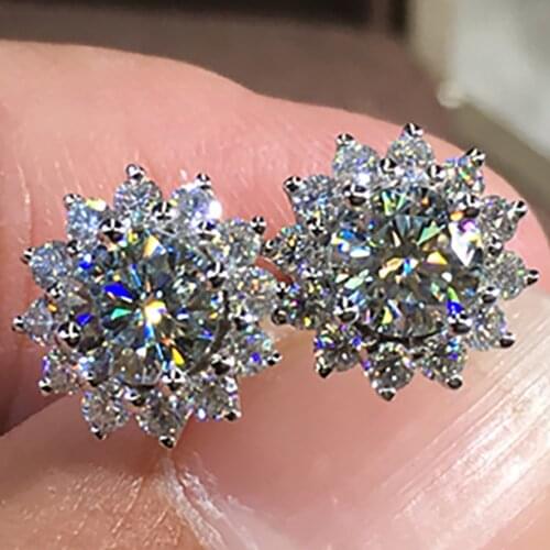 14K White Gold 2 Carat Stud Earrings Women Present Wedding Anniversary Engagement Party 1 ct Round Sunflower Moissanite Diamond