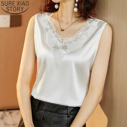 Plus Size Satin Solid Loose Blouses Tops Embroidery Lace Sleeveless V-neck Women blouse Fashion Base Female Shirts Blusas 13737