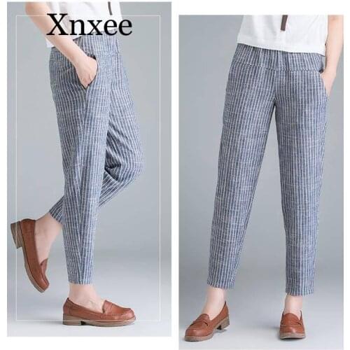 Sportwear New Arrival Summer Women Pants Plus Size 4xl oversize High Waist Thin Casual Harem Pants Striped Cotton Linen Trouser