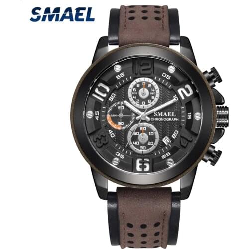 SMAEL New Sport Chronograph Mens Watches Top Brand Luxury Quartz Clock Leather Waterproof Big Dial Watch Men Relogio Masculino