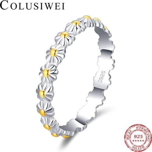 Colusiwei Contrasting Color Design Genuine 925 Sterling Silver Blooming Daisy Rings for Women Girl Korea Style Party Jewelry
