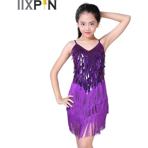 Kids Girls Latin Dress Sequin Dance Dress Tassel Dress Latin Dance Costumes Salsa Ballet Tango Rumba Ballroom Dancewear Dress