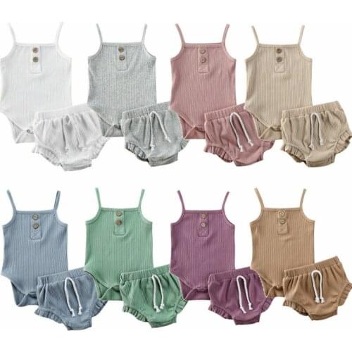 2020 Summer Newborn Baby Girl Knitted Clothes 0-24M Infant Girls Solid Color Crop Tops Bodysuit+Ruffle Shorts Outfits 2Pcs Sets